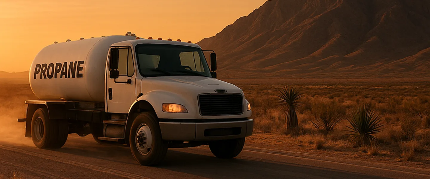 ZENergy propane delivery truck on West Texas highway at golden hour